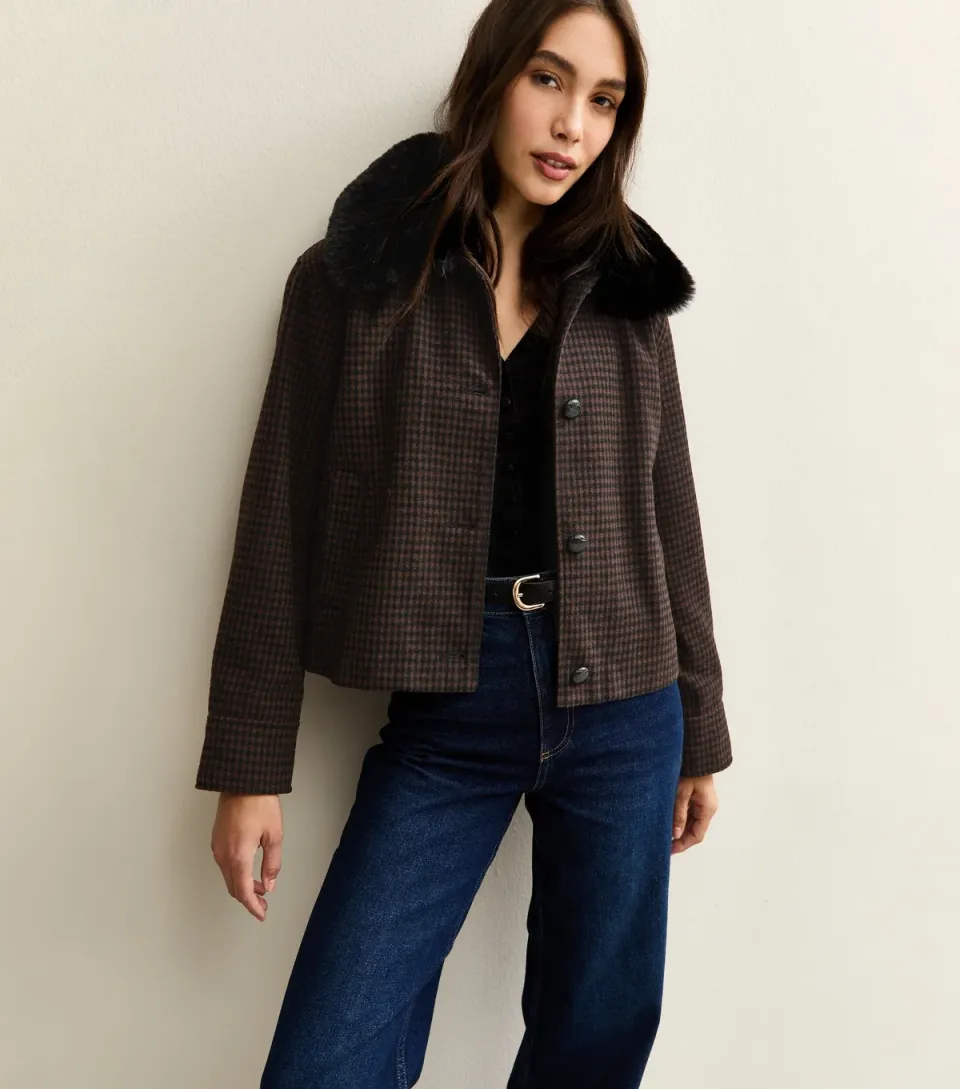 Women's Brown Faux Fur Collar Check Jacket