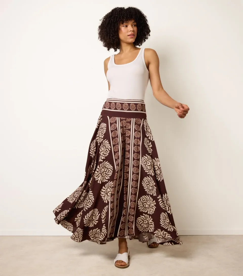 Women's Dark Brown Printed Wide Leg Trousers