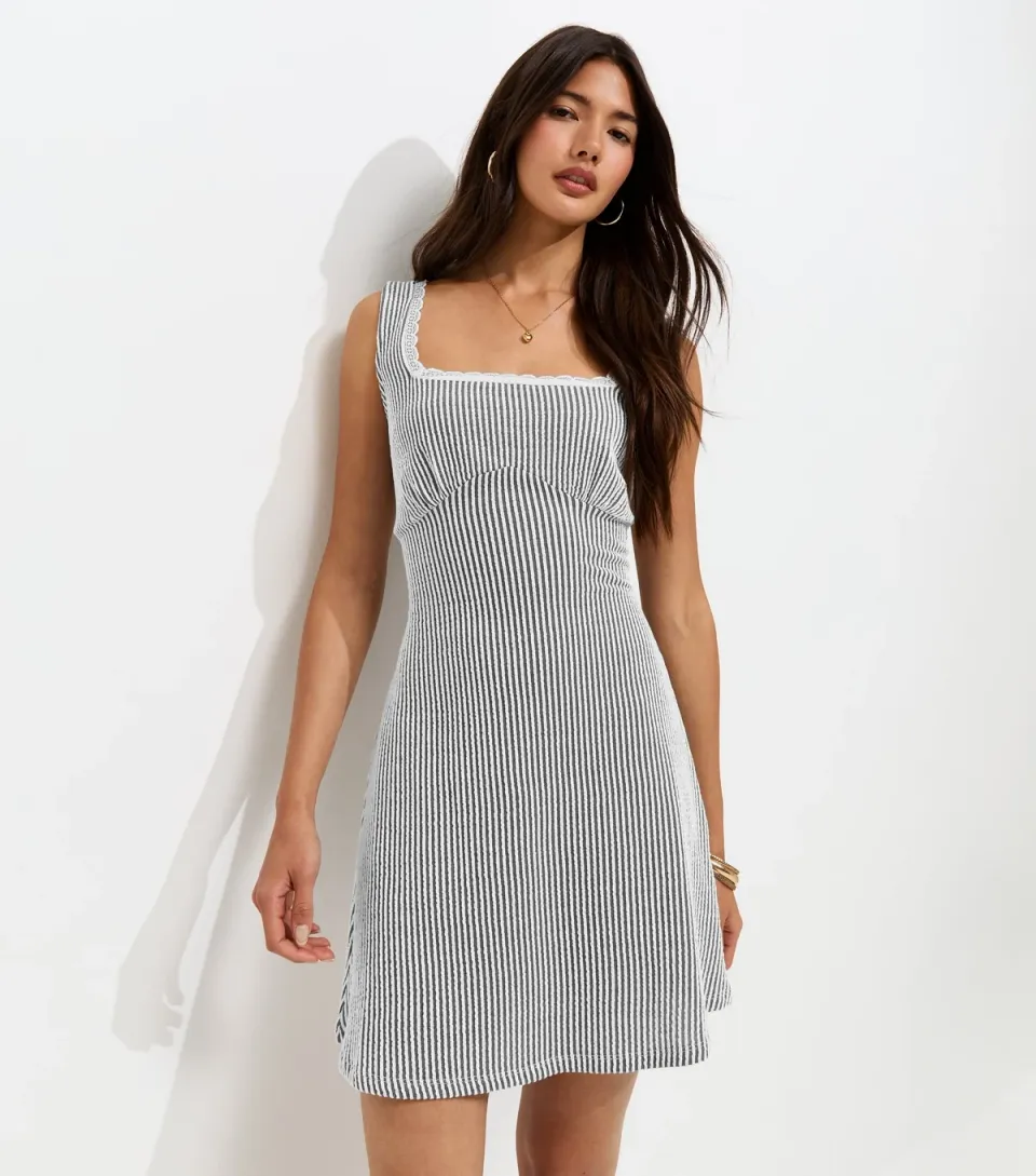 Women's Blue Striped Textured Square Neck Mini Dress