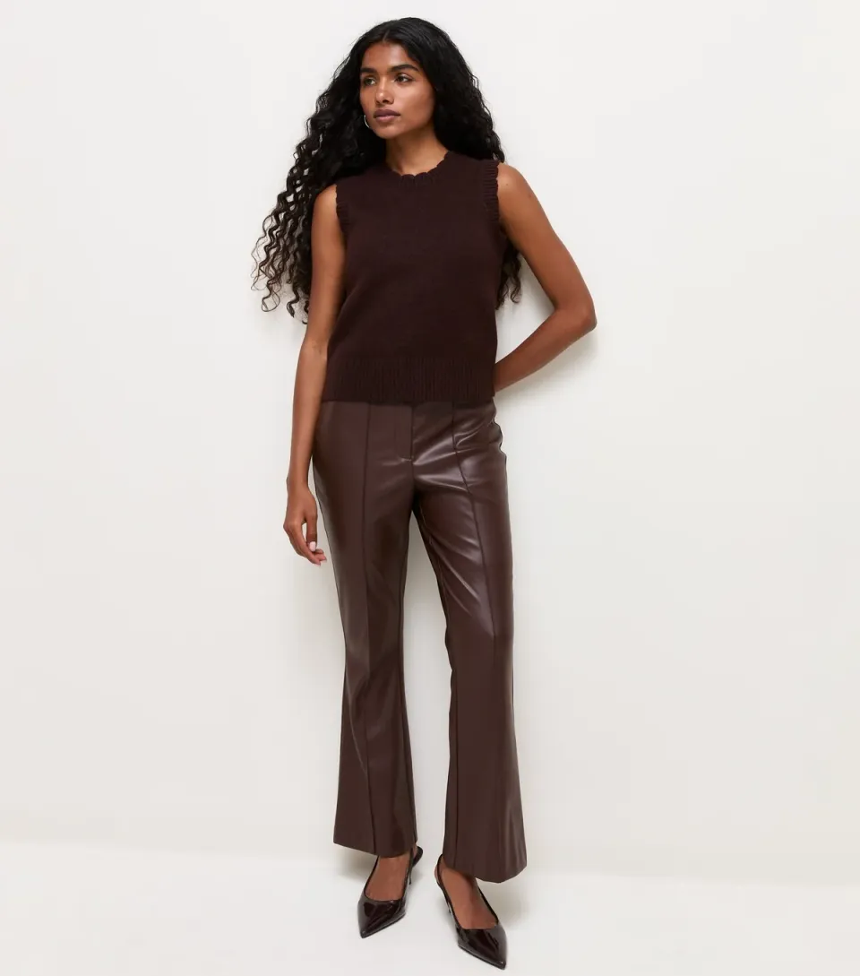 Women's Petite Dark Brown Faux Leather Kick Flare Trousers