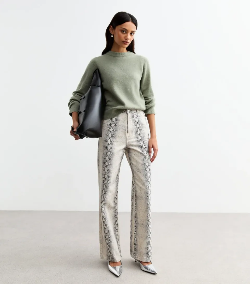 Women's White Snakeskin Print Wide Leg Jeans