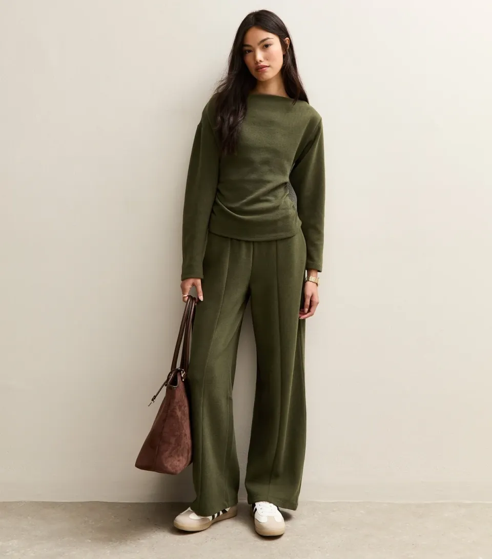 Women's Dark Khaki Soft Touch Front Seam Wide Leg Trousers