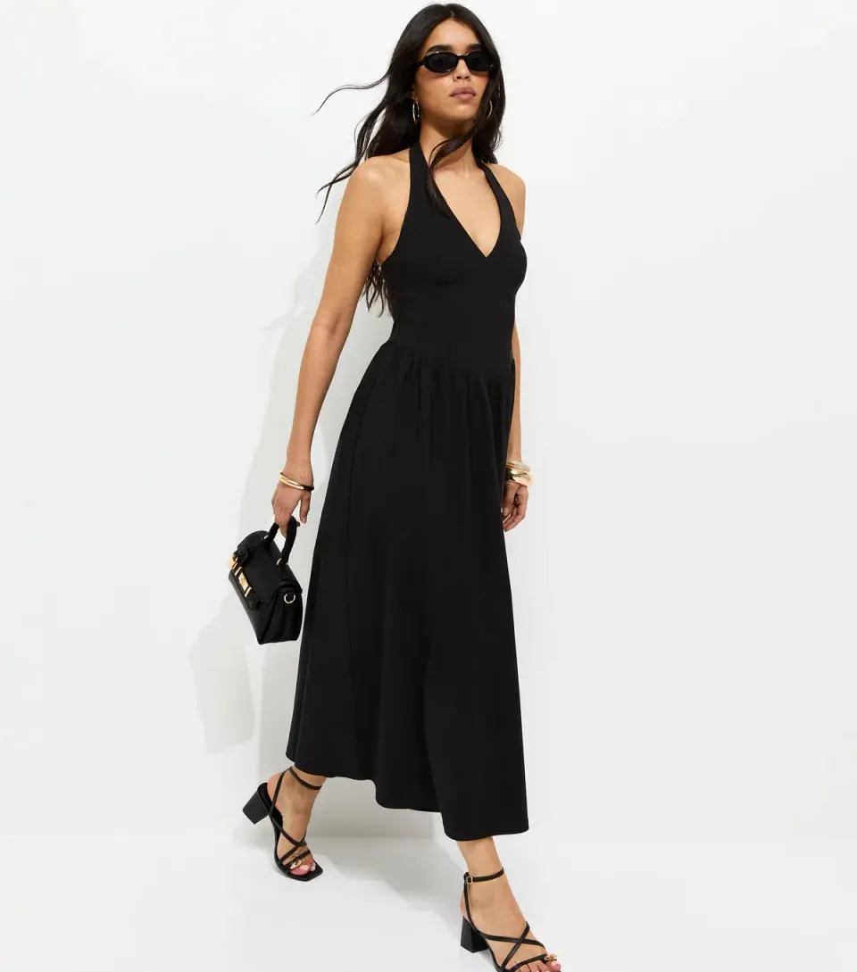Women's Black Halterneck Midi Dress