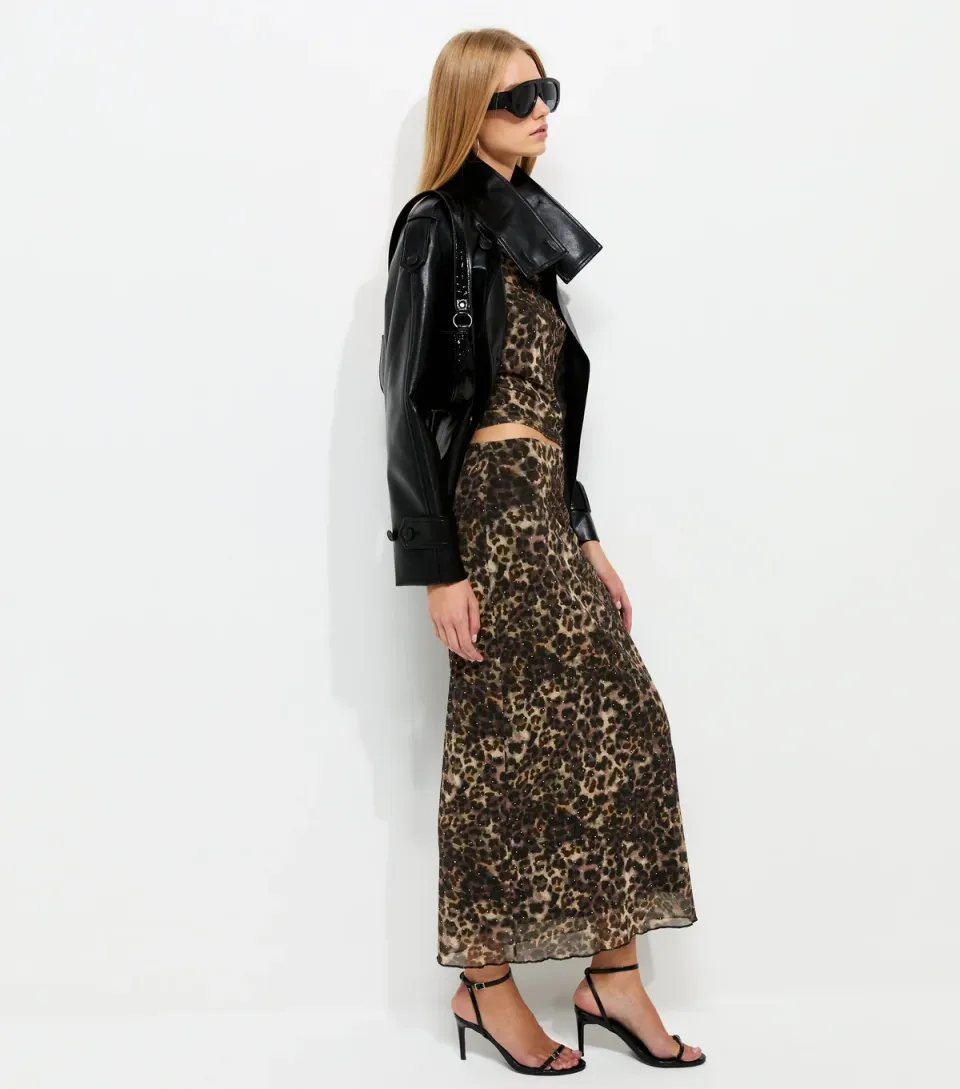 Women's Brown Mesh Leopard Print Midi Skirt