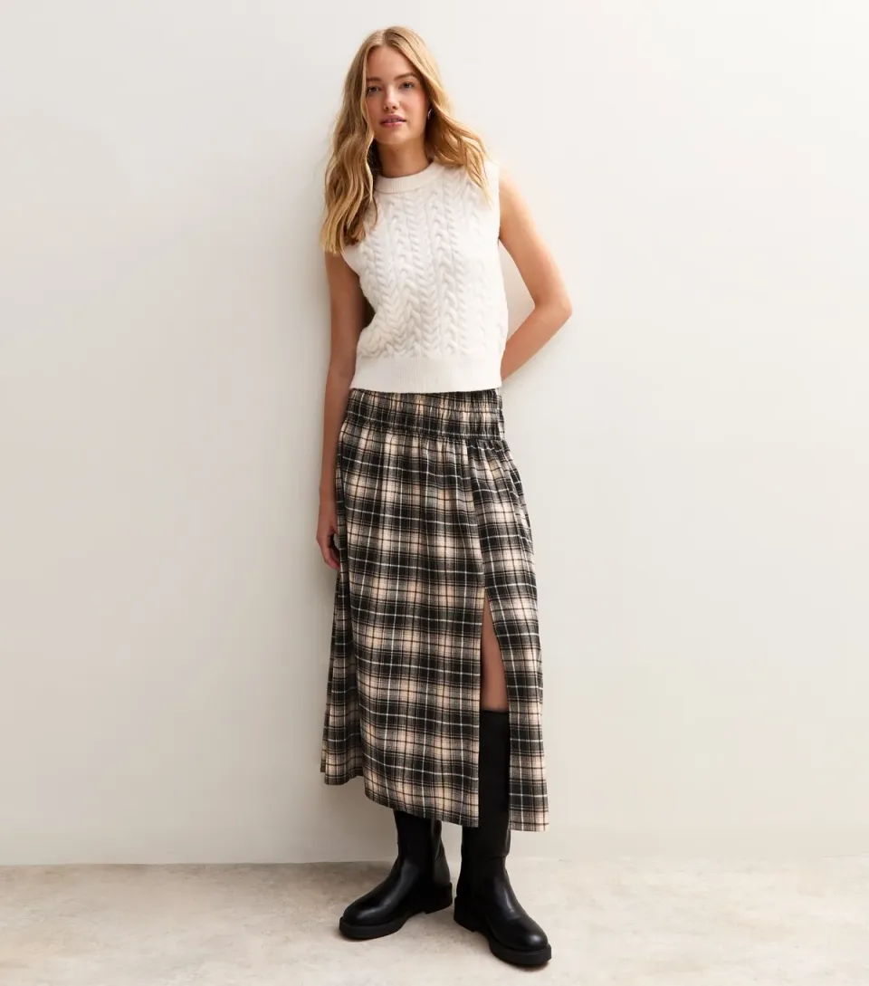 Women's Black Check Slit Hem Midi Skirt
