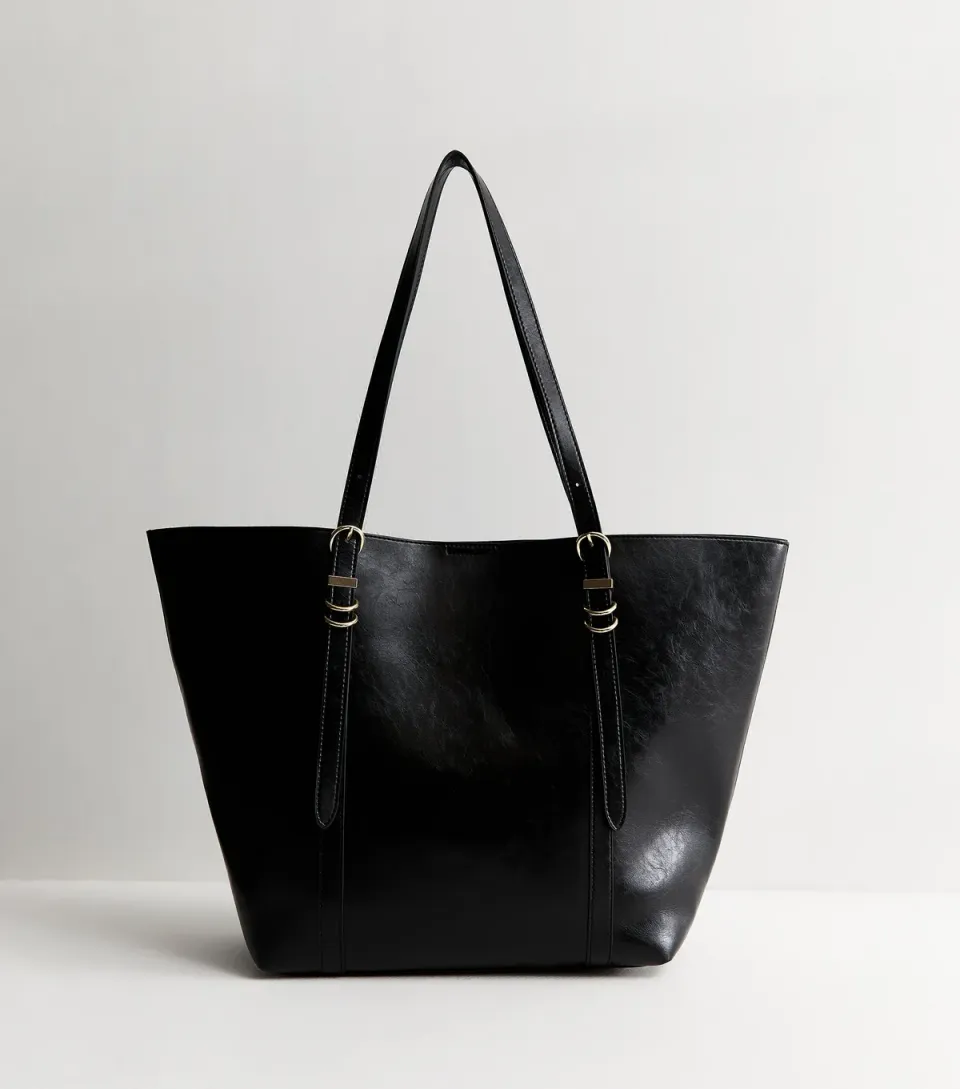 Black Faux Leather Buckled Strap Tote Bag