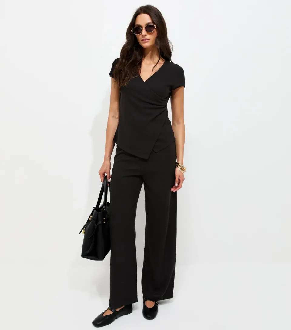 Women's Black Soft Touch Wrap Cap Sleeve Top