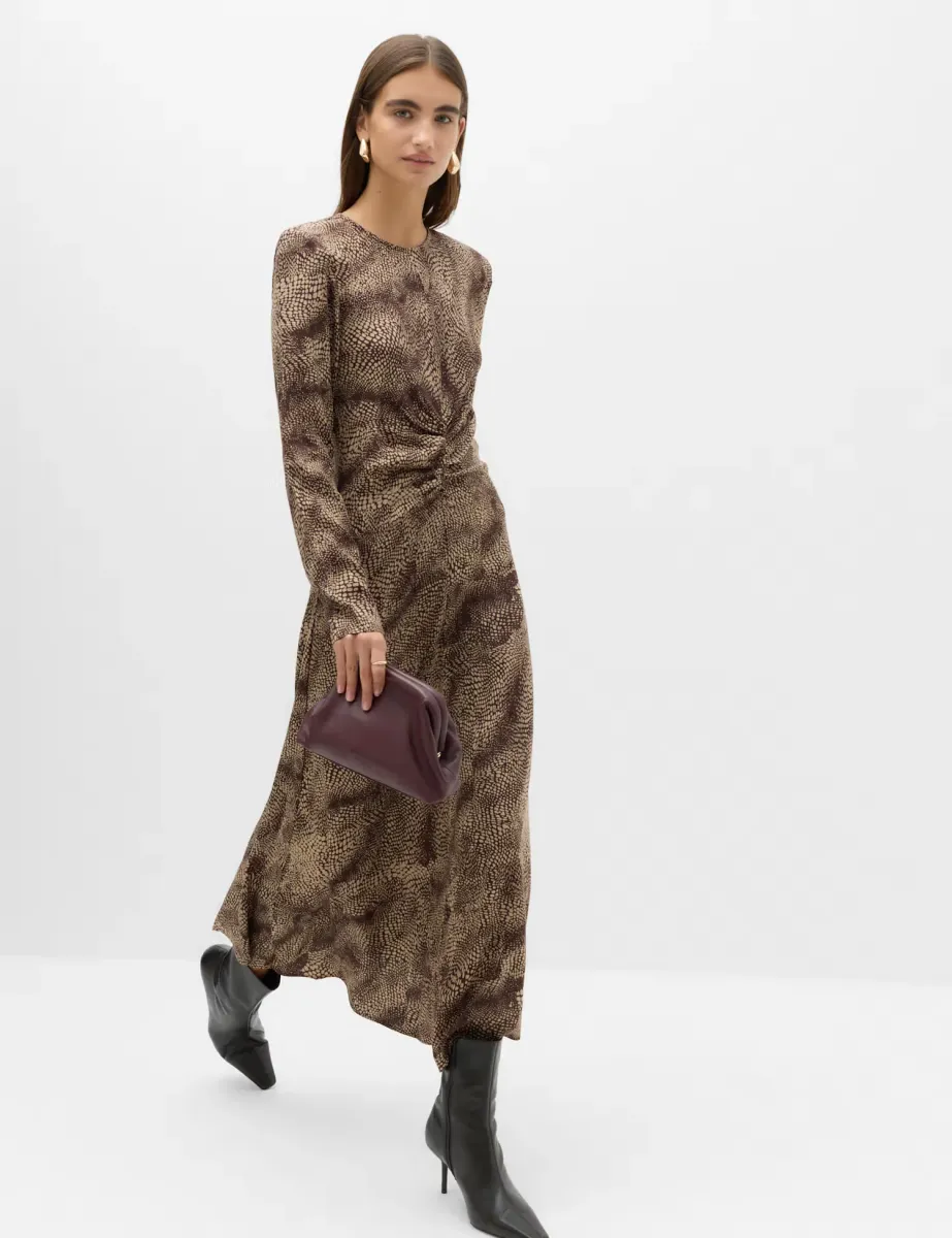 Animal Print Ruched Midi Column Dress Chocolate Mix