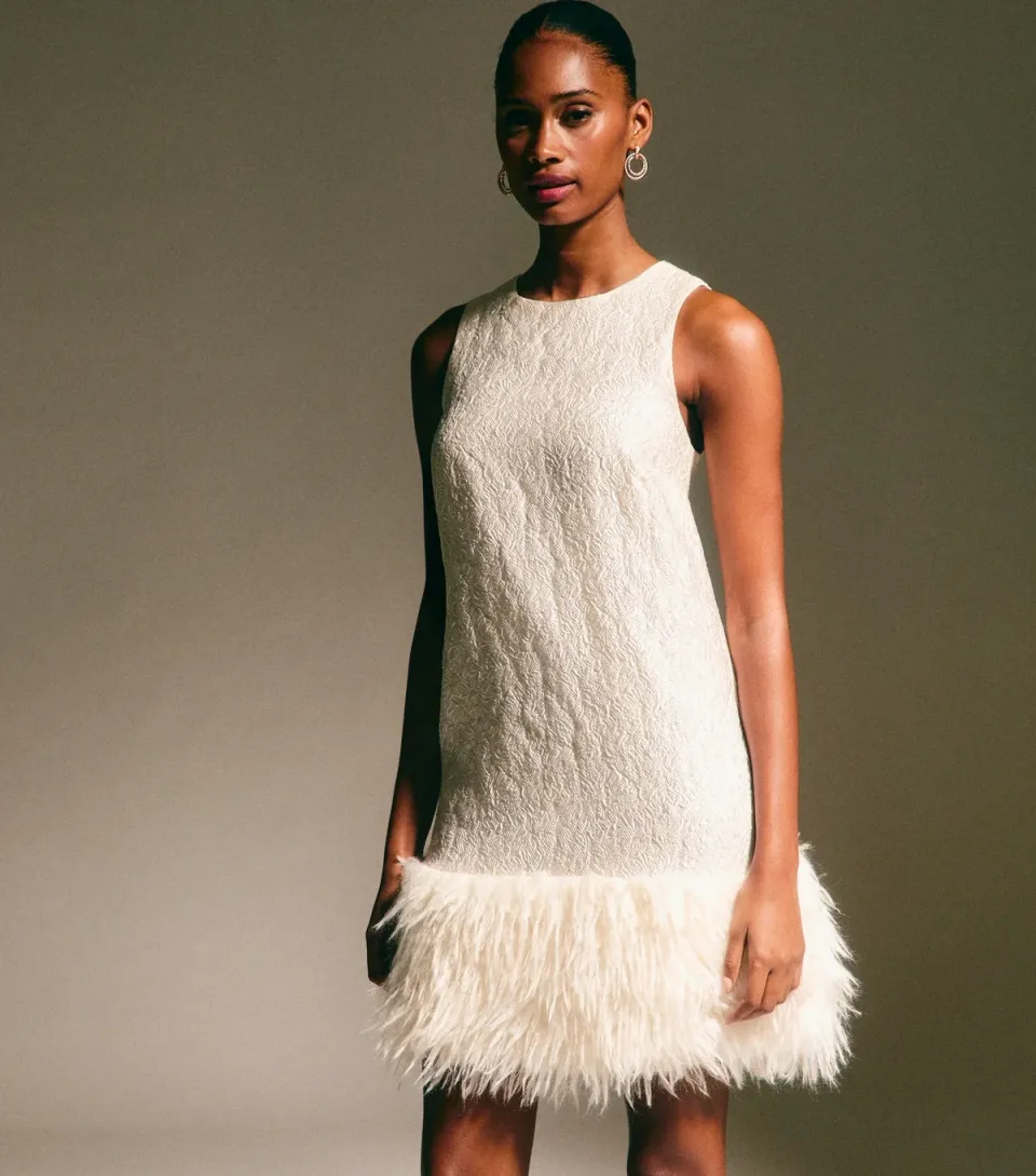 Women's White Jacquard Feather Trim Mini Dress