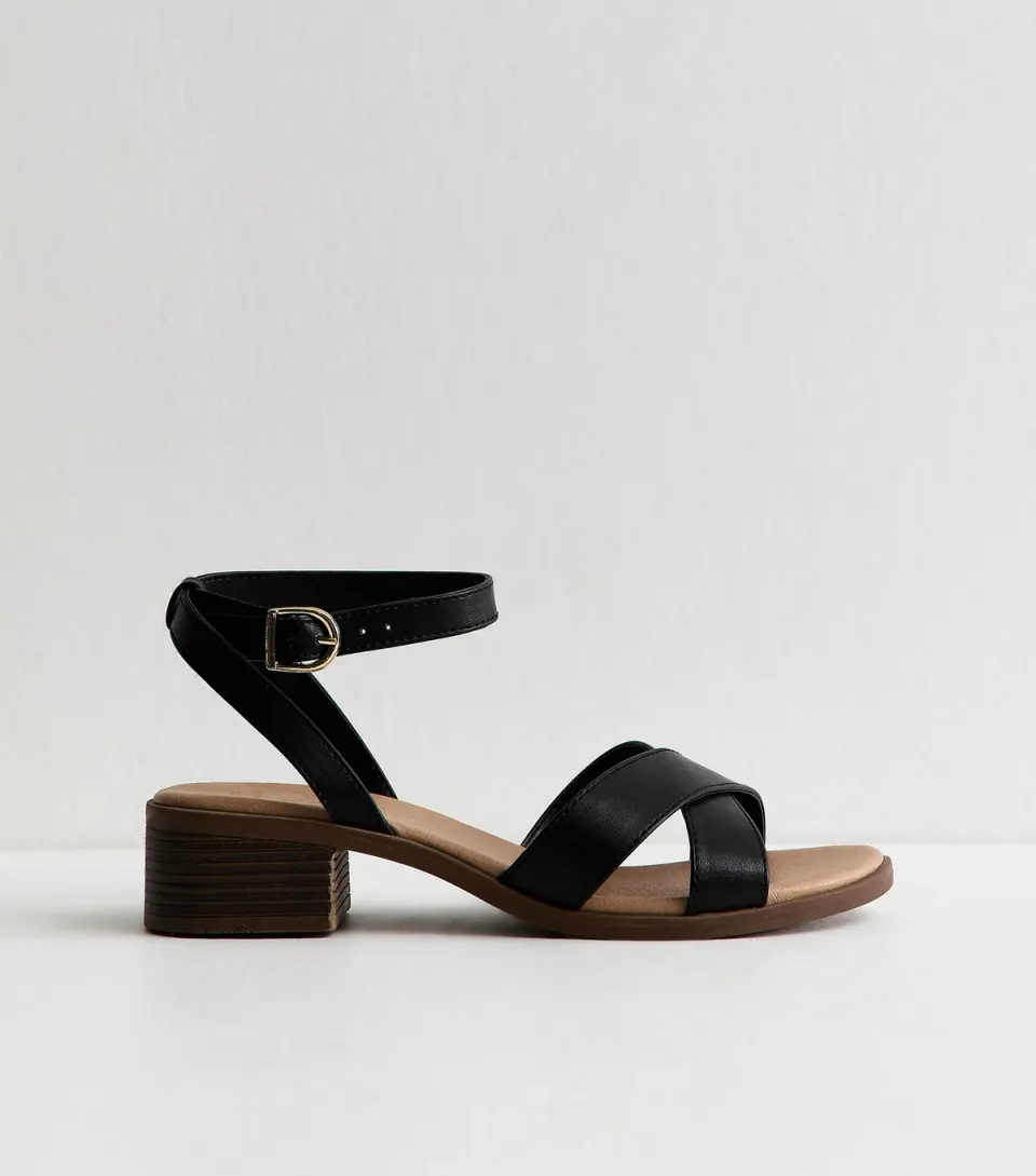 Women's Wide Fit Black Faux Leather Block Heel Sandals Vegan