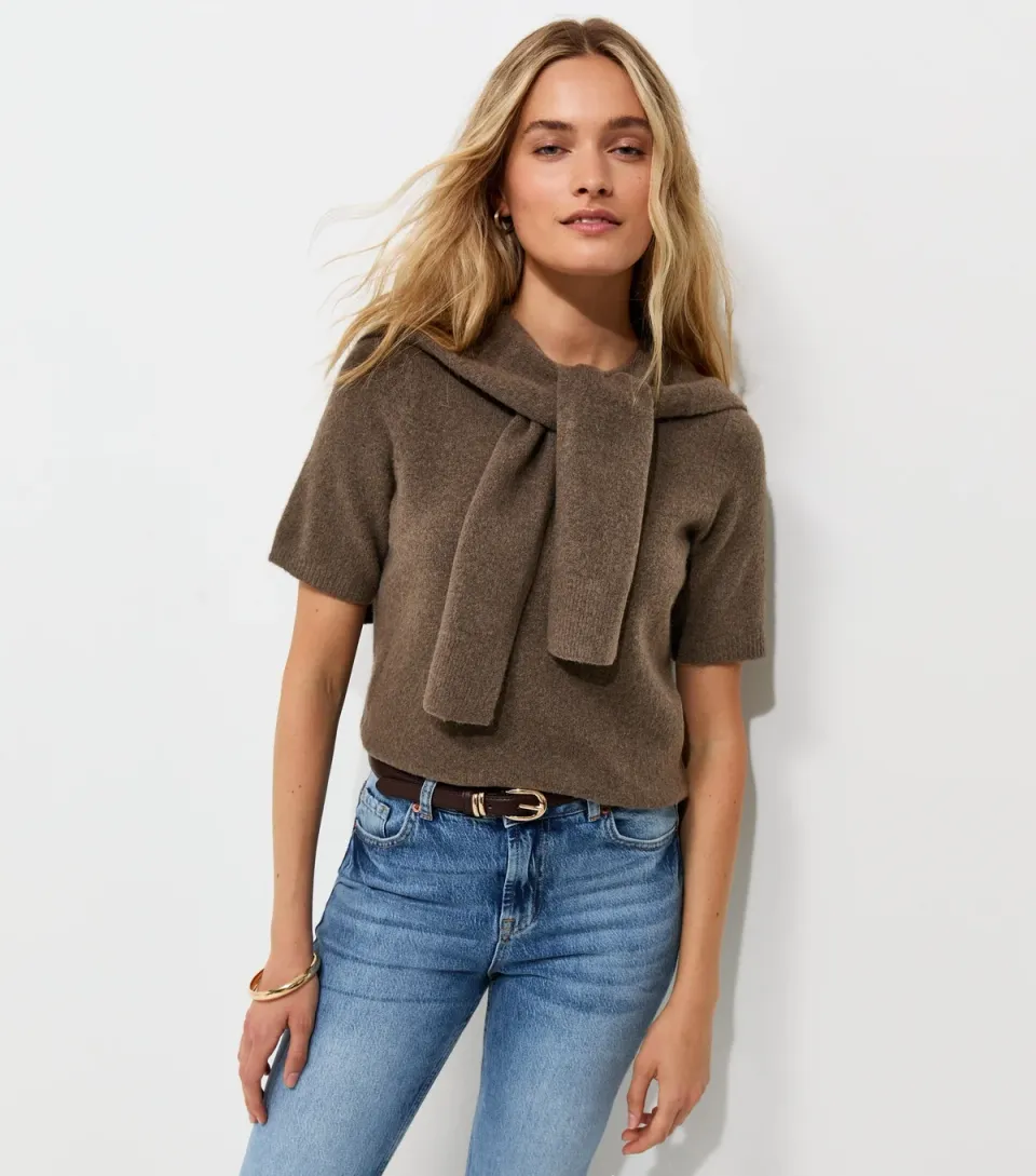 Women's Camel Brushed Knit Scarf Detail Short Sleeve Top