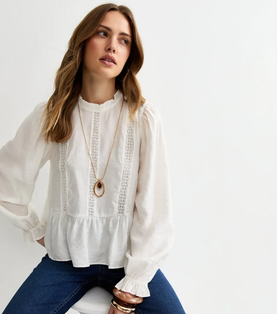 Women's White Lace Insert Frill Neck Blouse