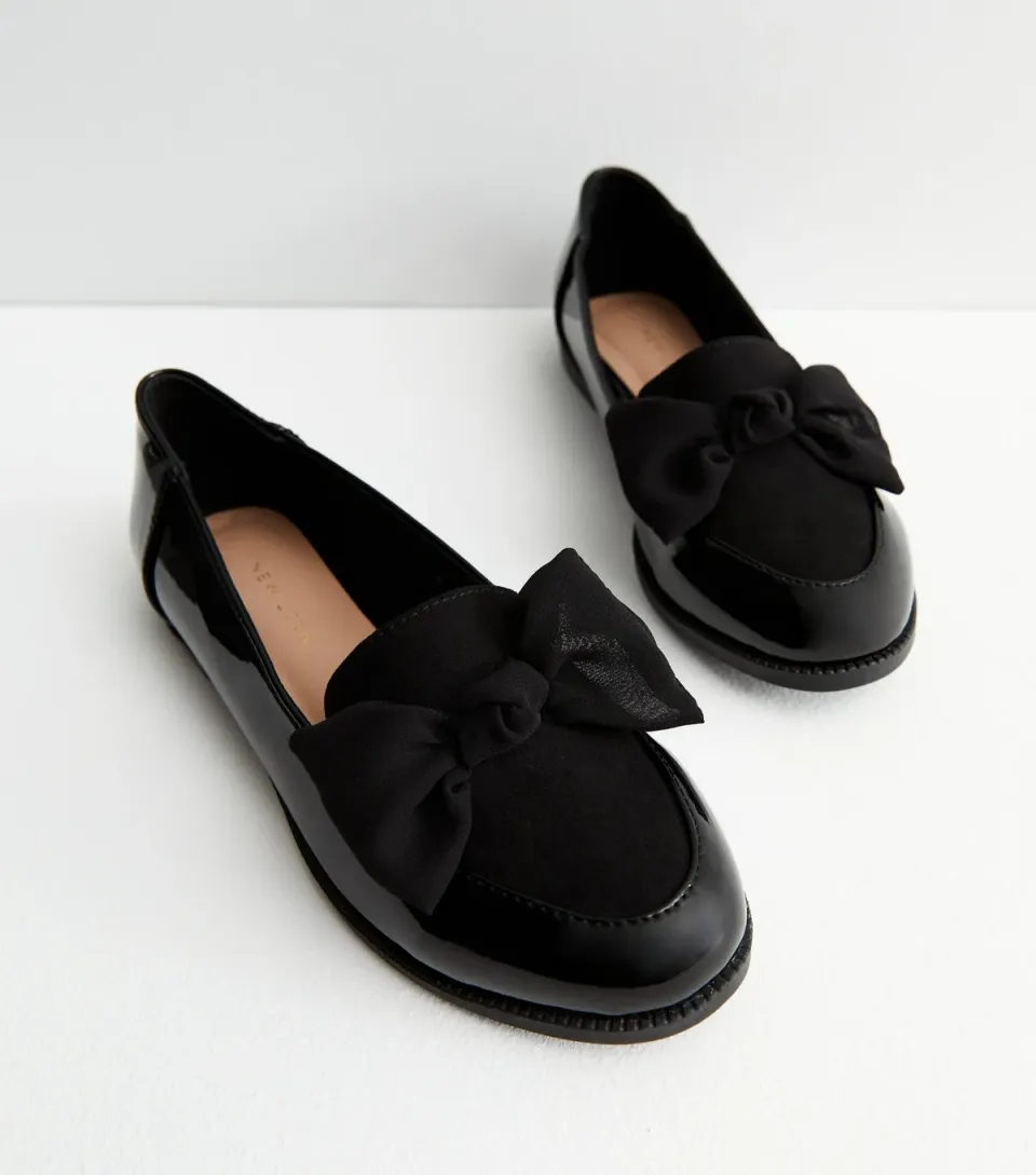 Women's Black Patent Suedette Bow Loafers Vegan