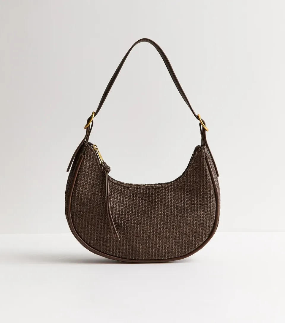 Dark Brown Woven Curved Shoulder Bag
