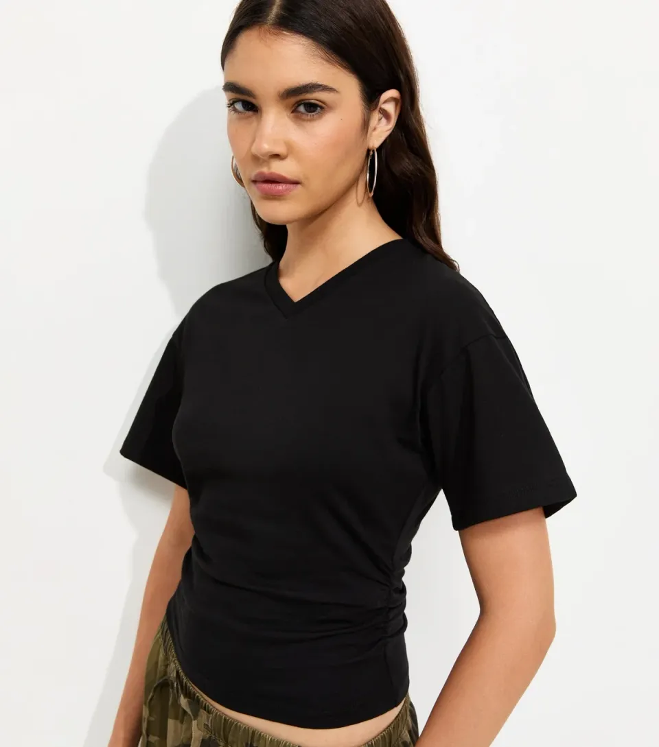 Women's Black Cotton Ruched V Neck T-Shirt