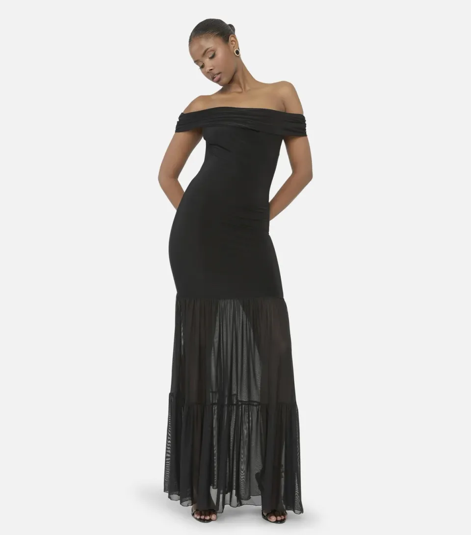 Women's Black Bardot Mesh Maxi Dress