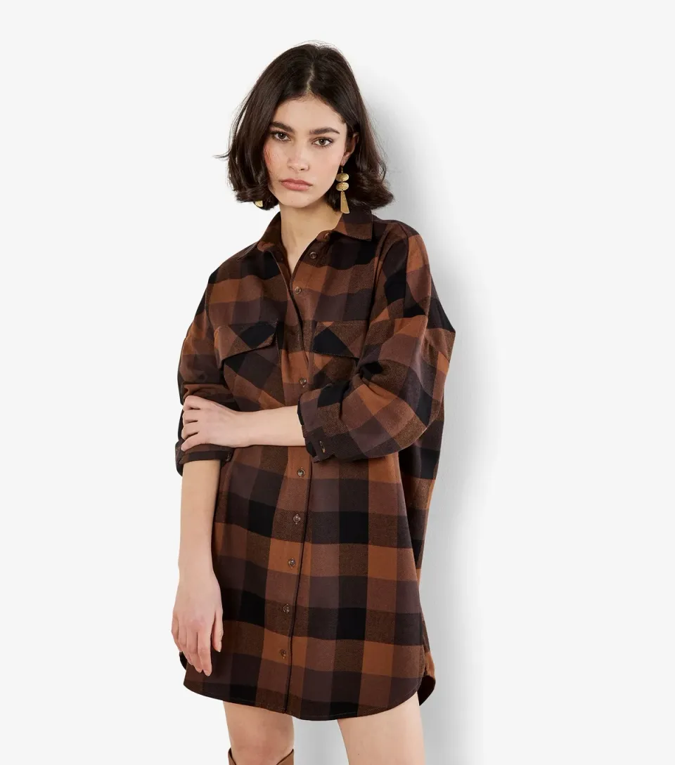 Women's Brown Checked Double Pocket Shirt Dress