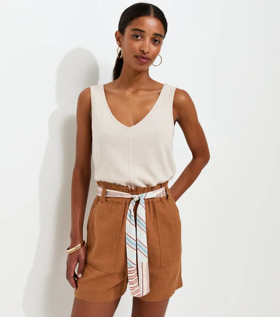 Women's Rust Linen Look Contrast Scarf Shorts