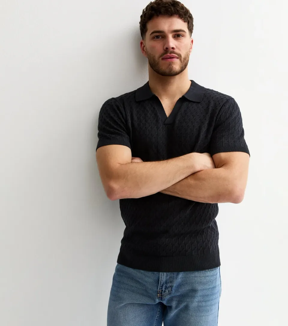 Men's Navy Cable Knit Collared Polo Shirt
