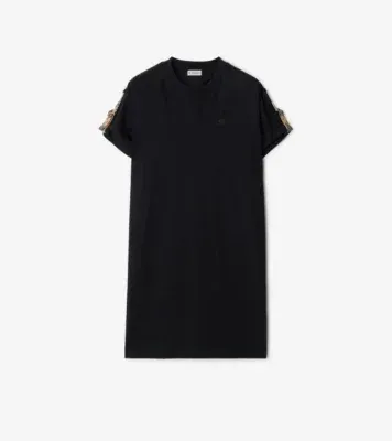 Check Trim Cotton T-shirt Dress in Black