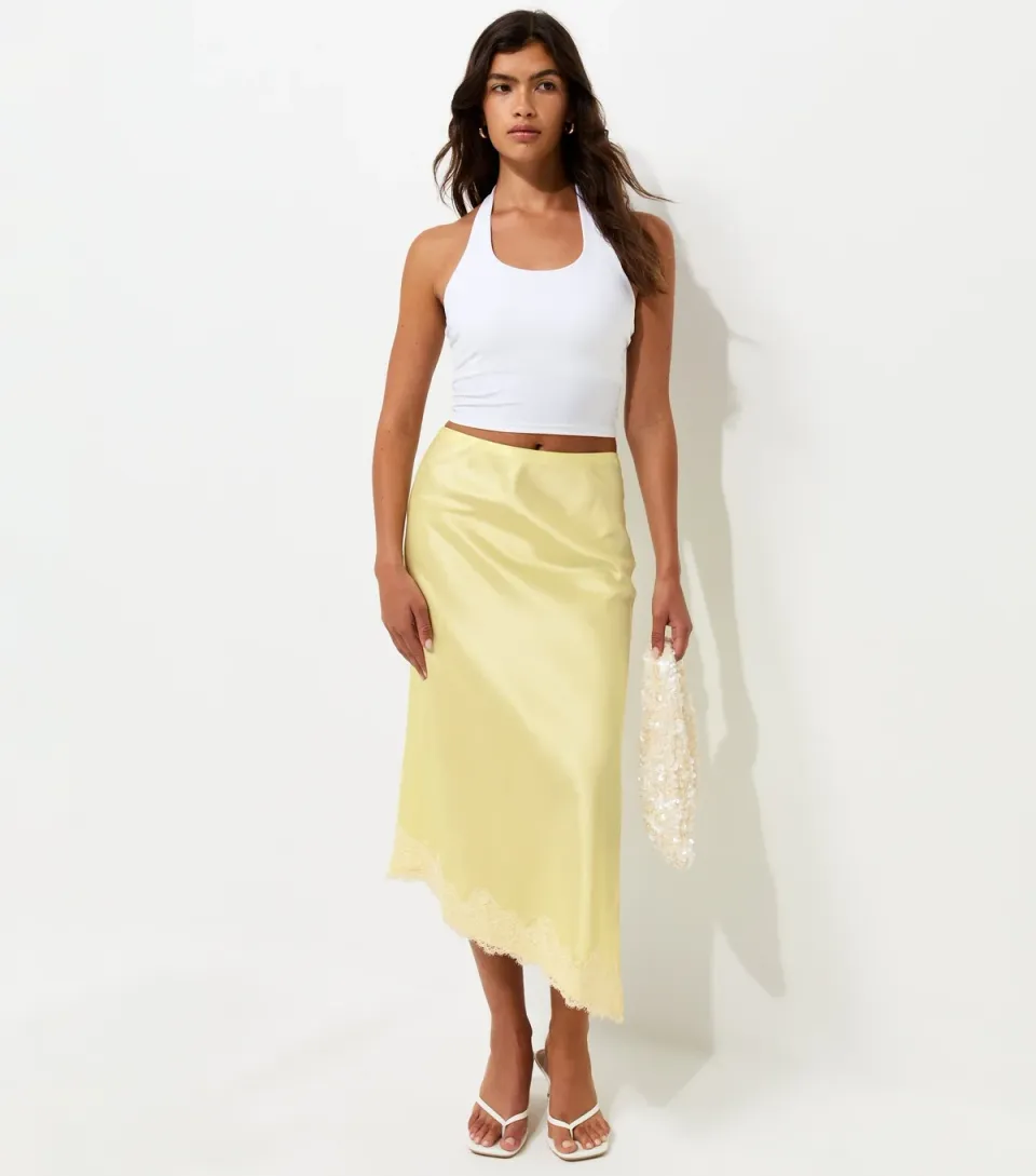 Women's Light Yellow Satin Lace Asymmetric Midi Skirt