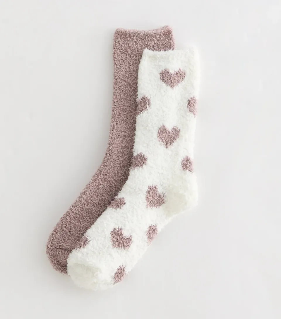 Pack of 2 Mink Heart and Plain Cosy Knit Socks
