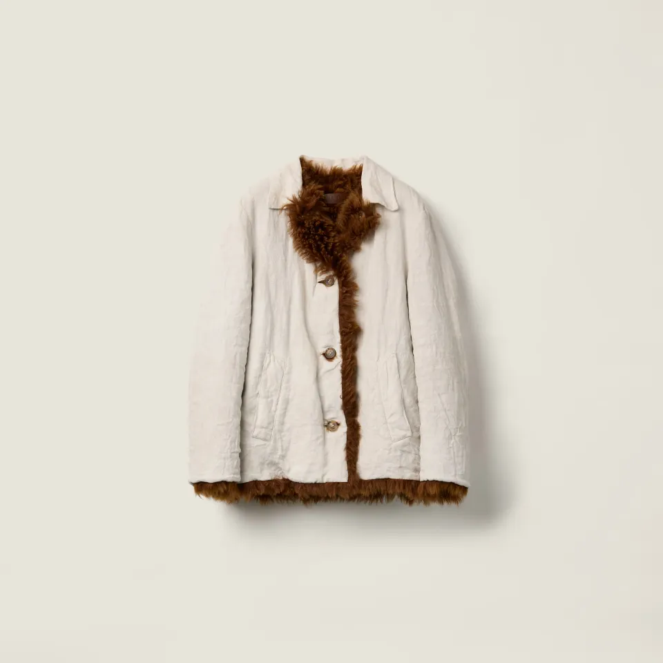 Reversible single-breasted linen and shearling jacket