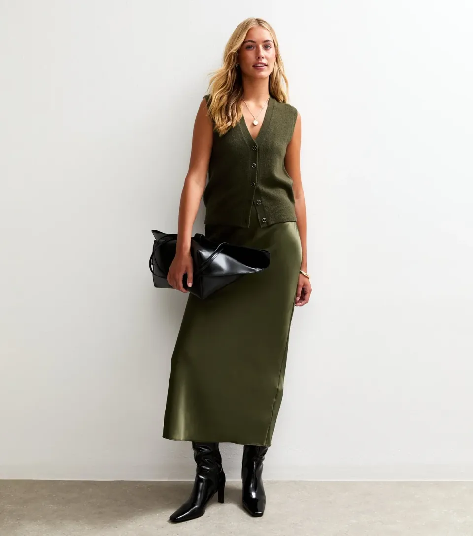 Women's Tall Khaki Bias Cut Satin Midi Skirt