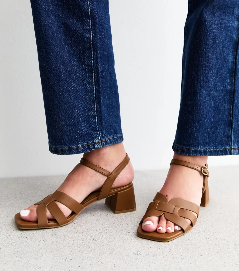Women's Tan Woven Strap Heeled Faux Leather Sandals Vegan