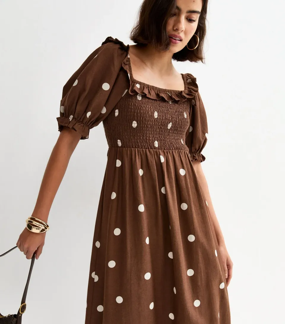 Women's Brown Polka Dot Puff Sleeve Shirred Midi Dress