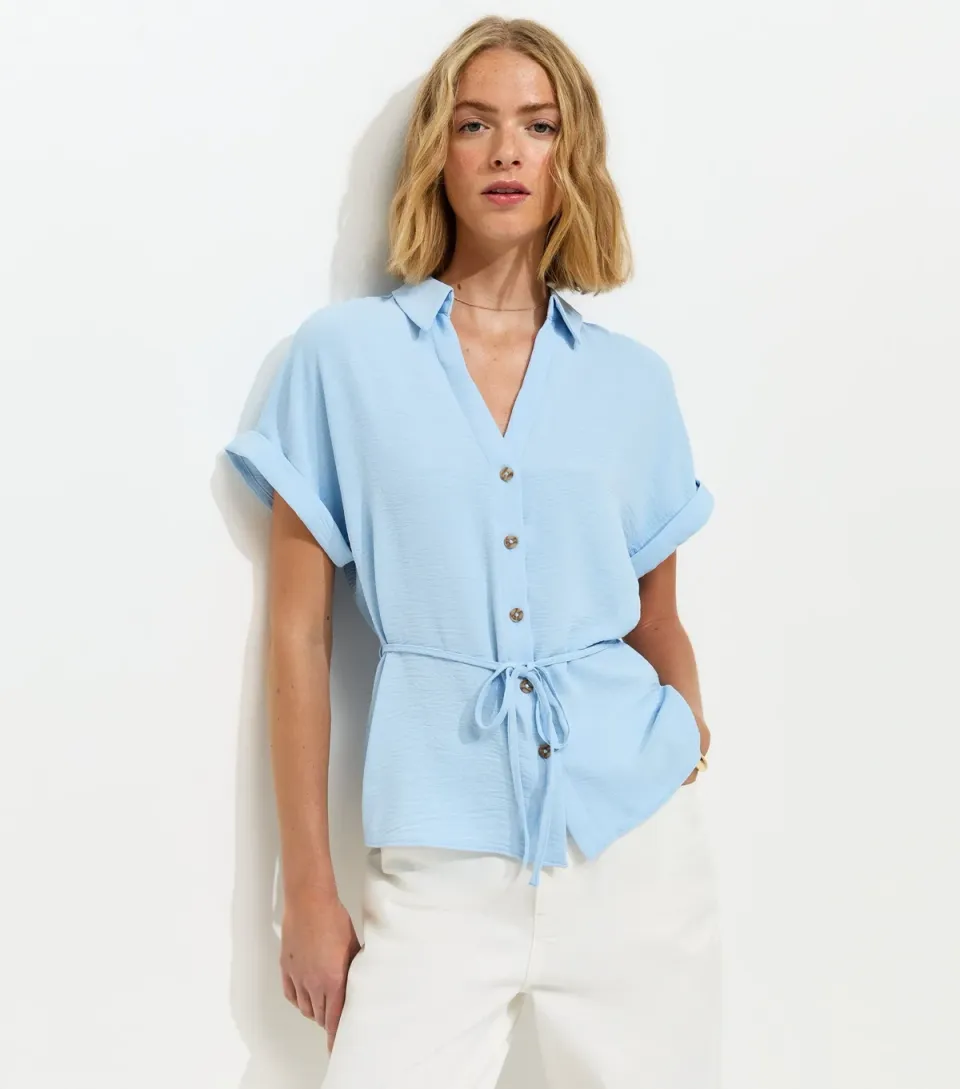 Women's Light Blue Belted Short Sleeve Shirt