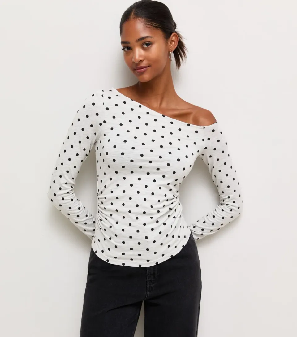 Women's Grey Polka Dot Long Sleeve Off the Shoulder Top