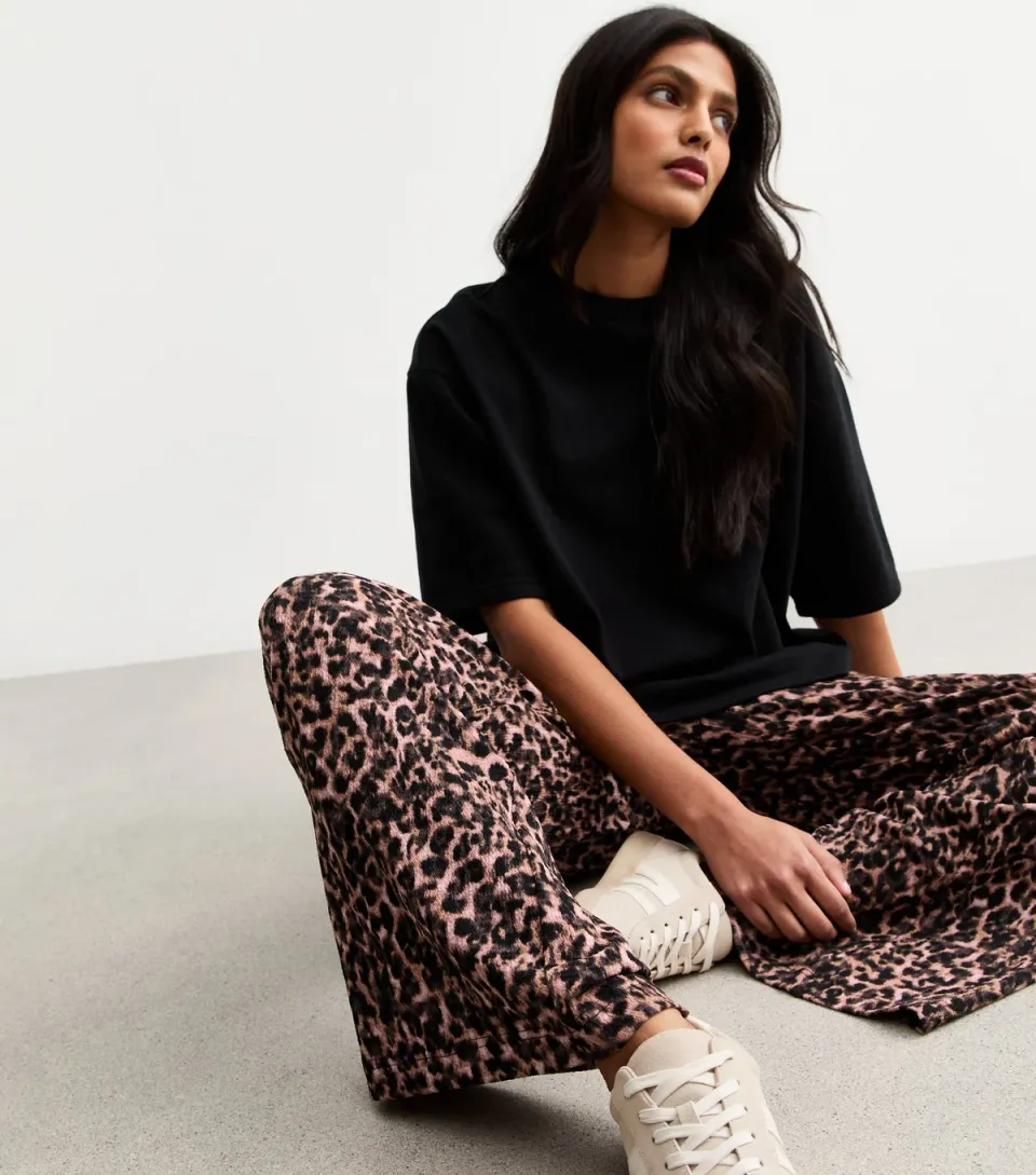 Women's Brown Textured Animal Print Wide Leg Trousers