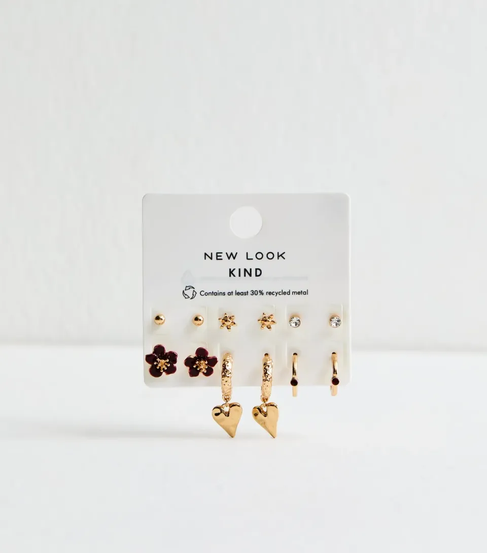 Pack of 6 Gold Tone and Burgundy Flower Heart Earrings