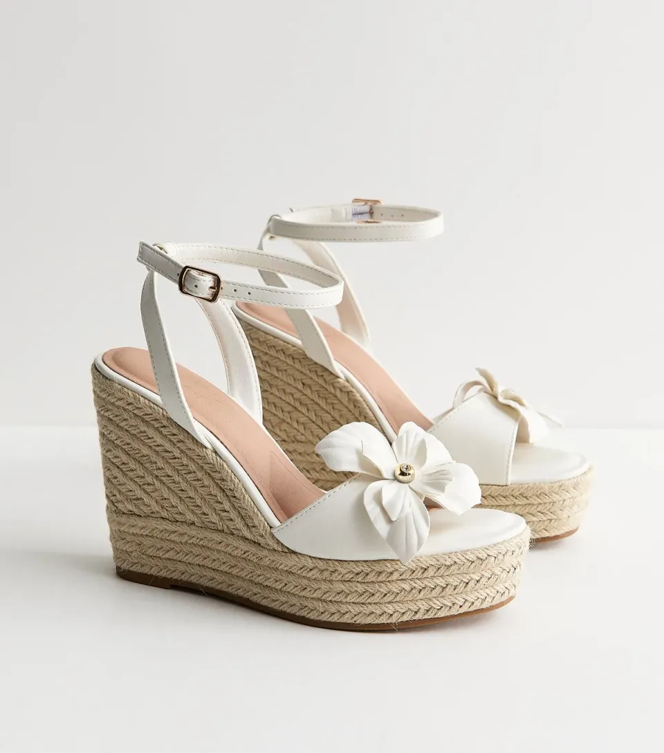 Women's Off White Faux Leather Flower Wedge Sandals Vegan
