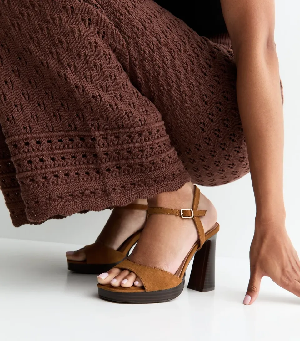 Women's Tan Faux Suede High Heel Platform Sandals Vegan