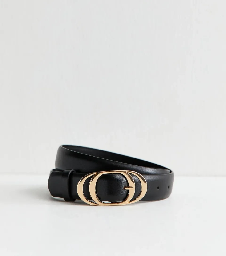 Black Faux Leather Layered Oval Buckle Belt