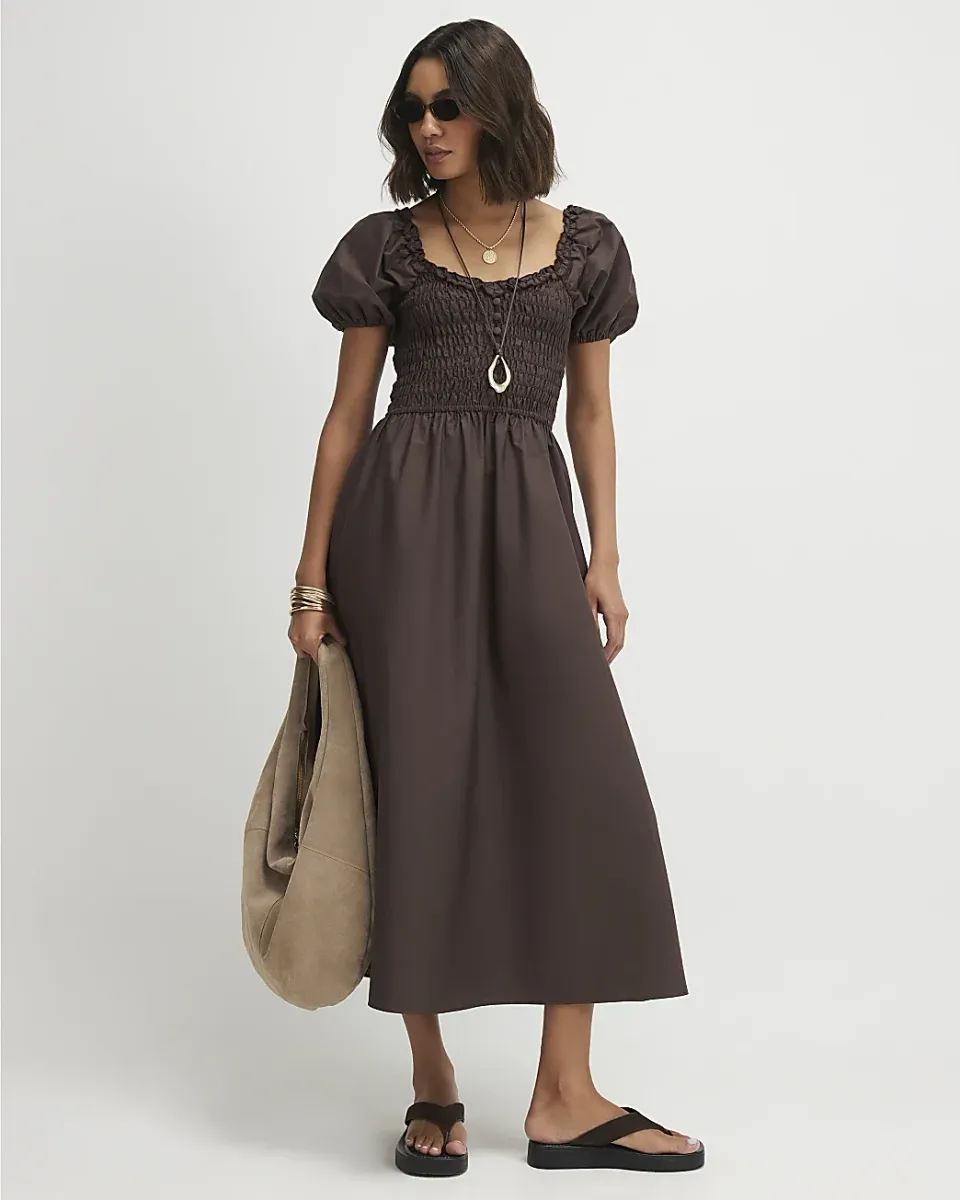 Cotton Shirred Midi Dress