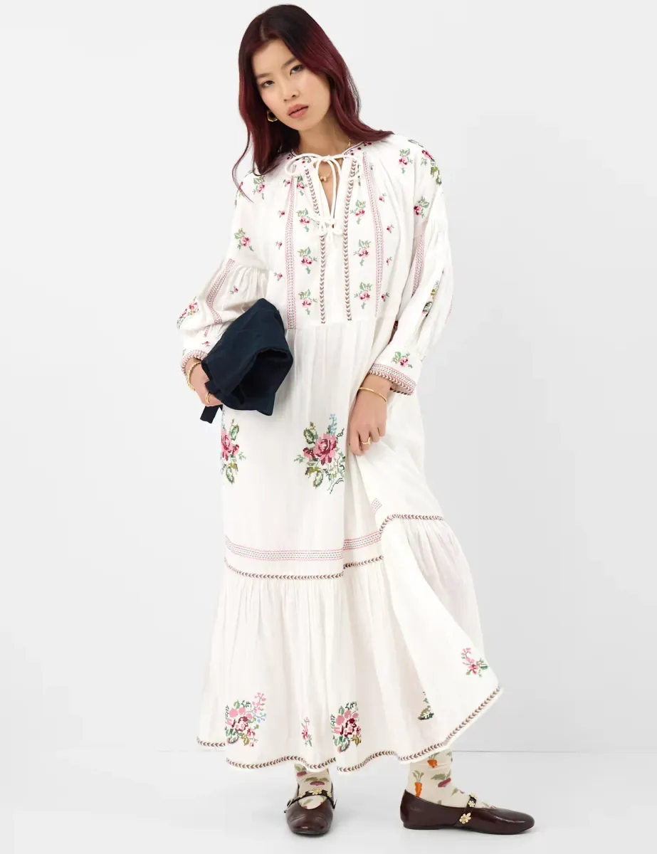 Pure Cotton Embroidered Maxi Beach Dress White Mix