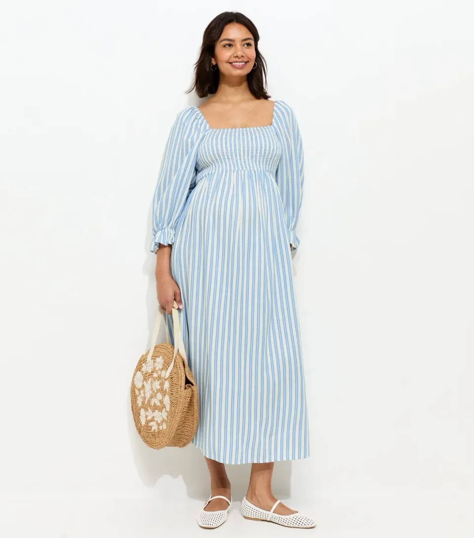 Women's Maternity Blue Striped Shirred Midi Dress