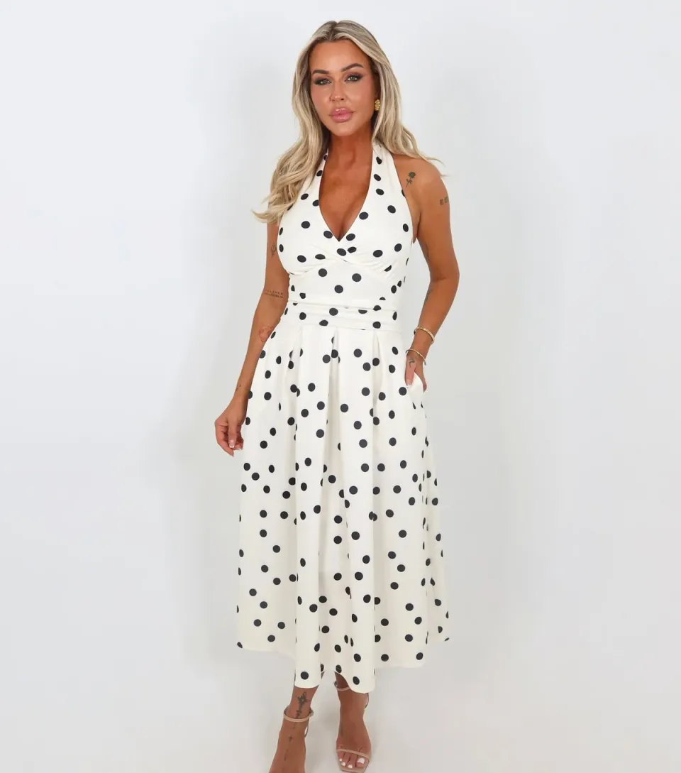 Women's Cream Polka Dot Halter Neck Midi Dress