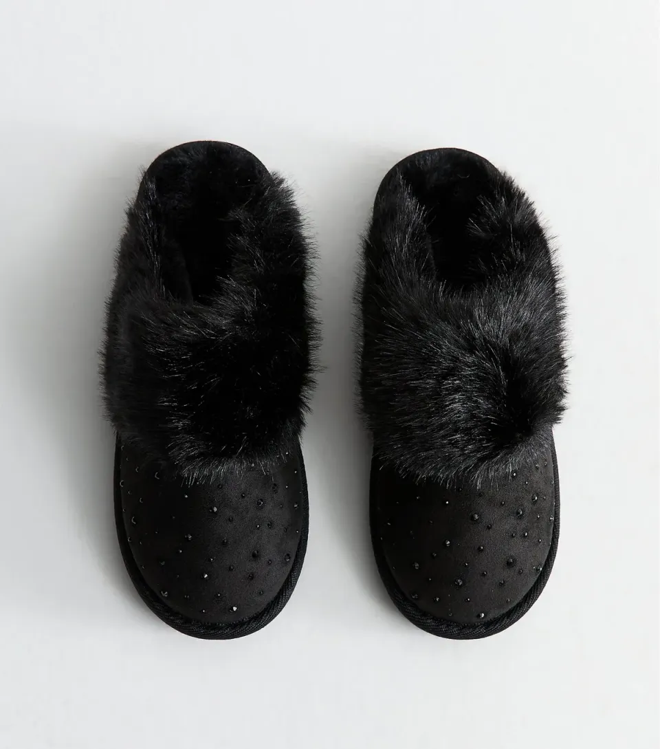 Women's Black Faux Suede and Faux Fur Gem Embellished Slippers Vegan