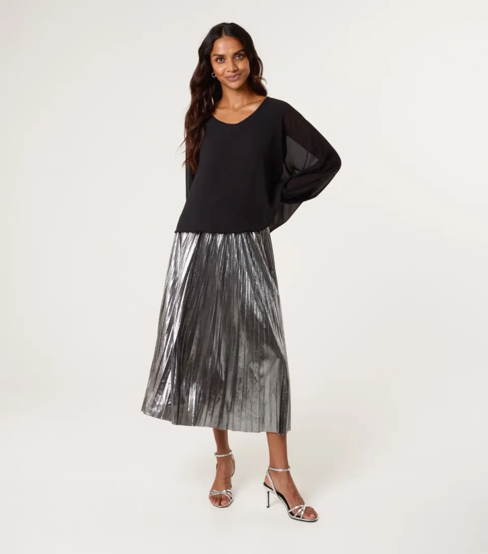 Women's Silver Metallic Pleated Midi Skirt