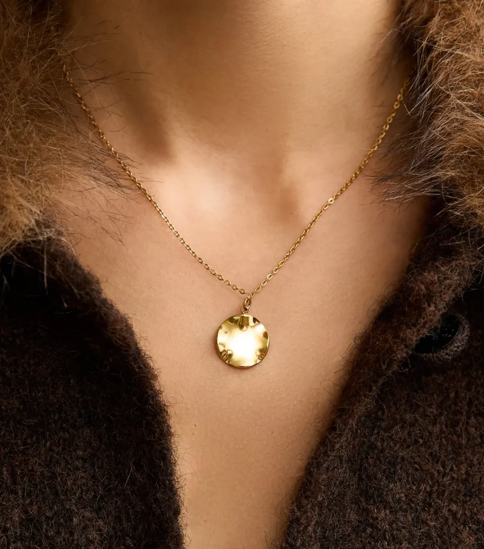 Gold Tone Waterproof Circle Beaten Pendant Necklace