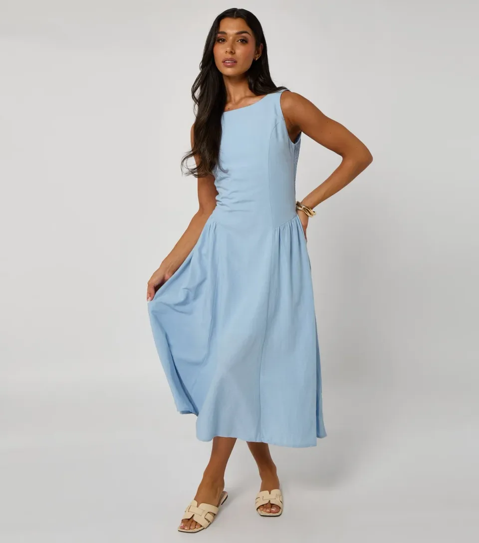 Women's Light Blue Flared Midi Dress