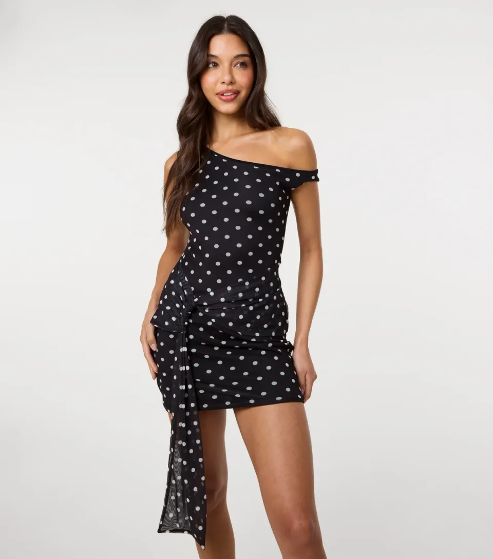 Women's Black Polka Dot Off The Shoulder Mini Dress