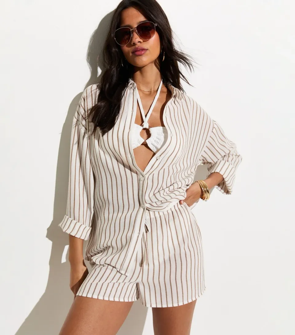 Women's White Striped Oversized Long Sleeve Beach Shirt