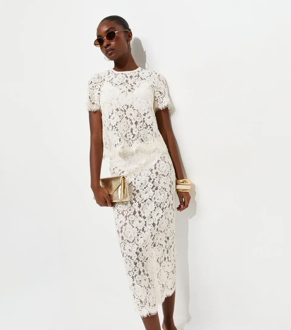 Women's Off White Lace Midi Skirt