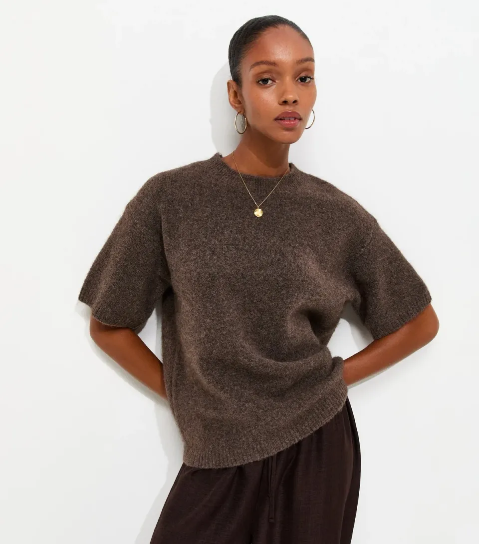 Women's Dark Mink Knitted Oversized Short Sleeve Top