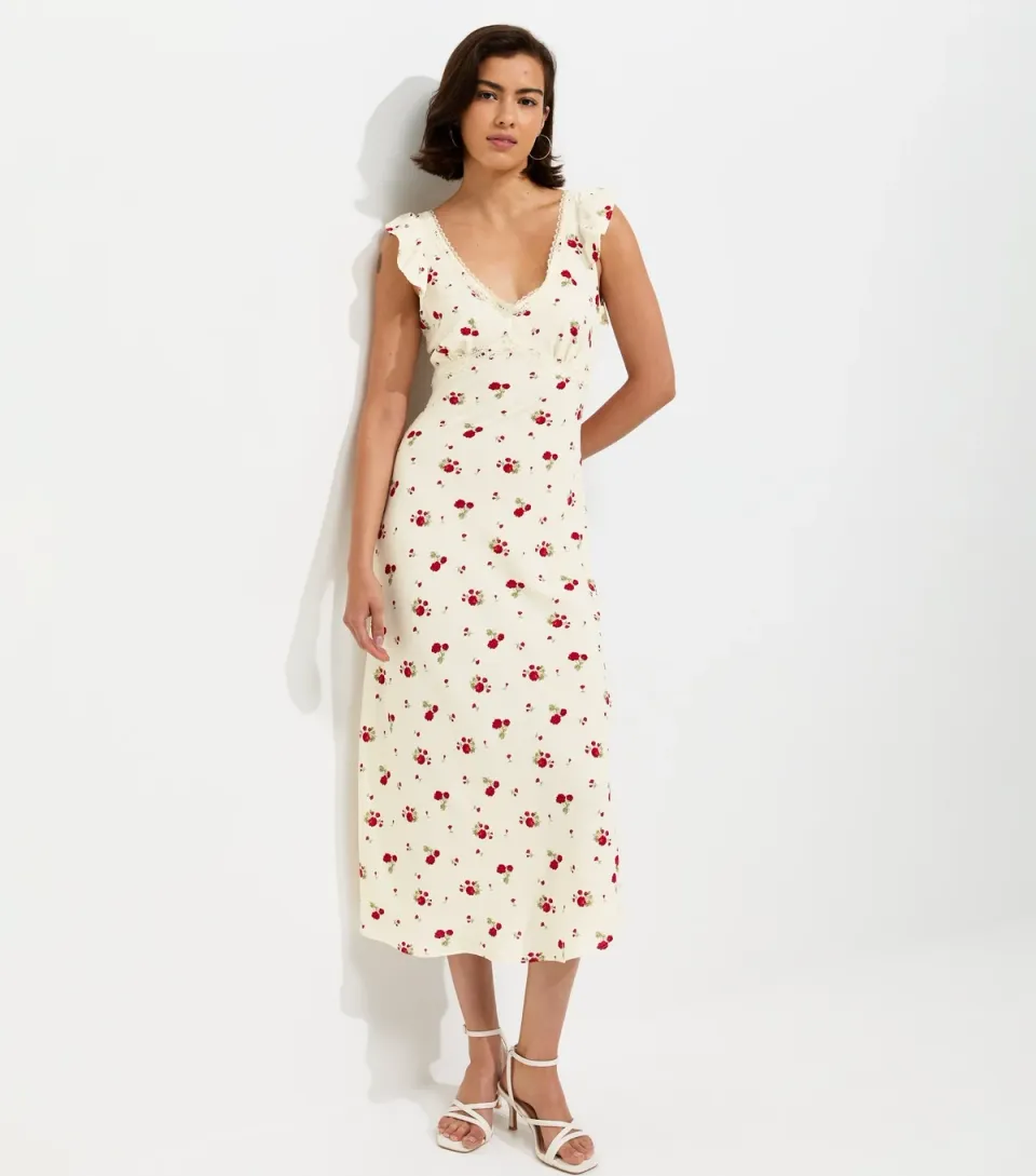 Women's Cream Rose Print Lace Trim Tea Midi Dress